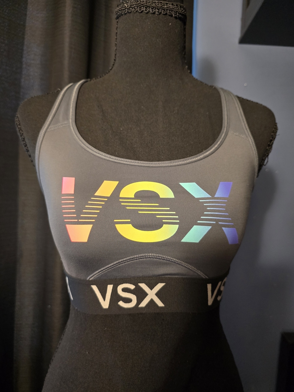 VSX Gray Sports Bra with Multicolor Gradient Logo